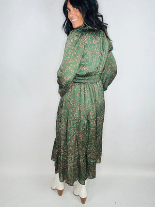 Olive Satin Floral Dress