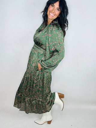 Olive Satin Floral Dress