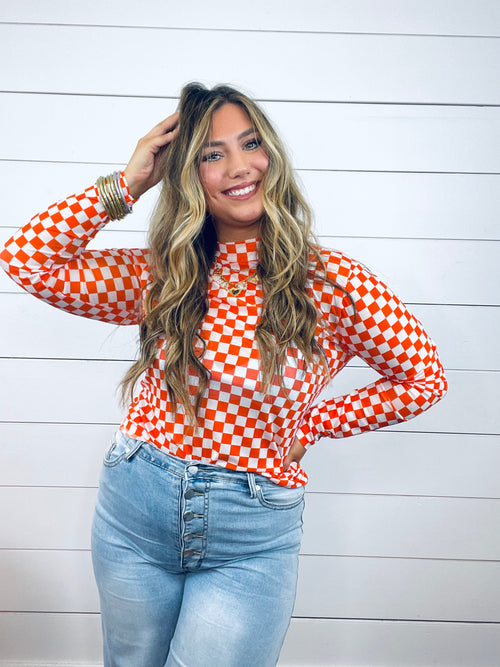 Orange Checkered Mesh Top